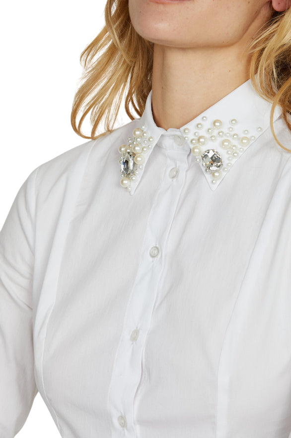 Relish – Camicia Donna YOH Manica Lunga Collo con Applicazione Perle, Pietre e Strass RDA2503056008 Bianco | Eleganza Preziosa e Look Luminoso Made in Italy - dettaglio