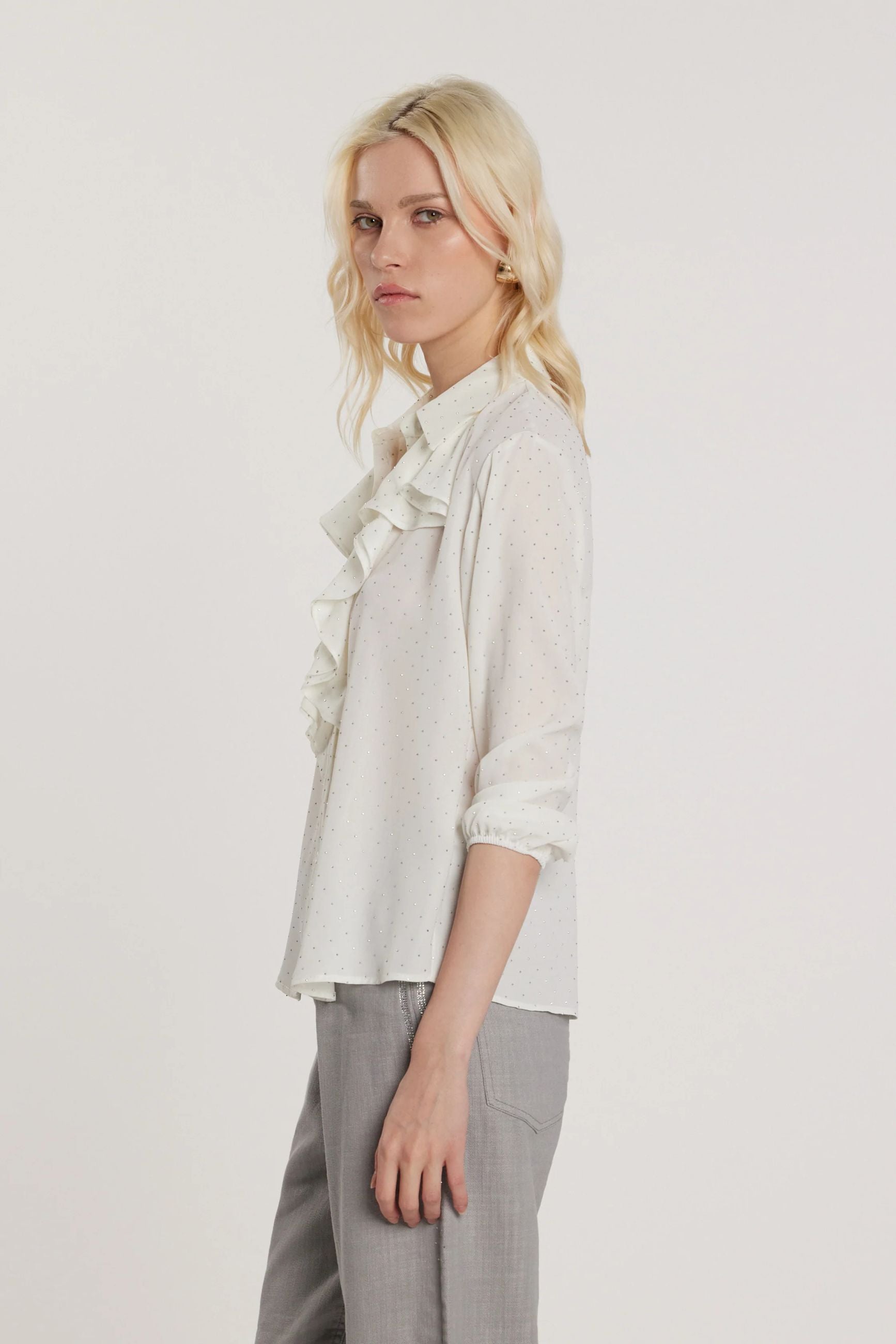 Relish Camicia da Donna YOUNG maniche tre quarti con arriccio e rouches più strass all over RDP2603009051 milk