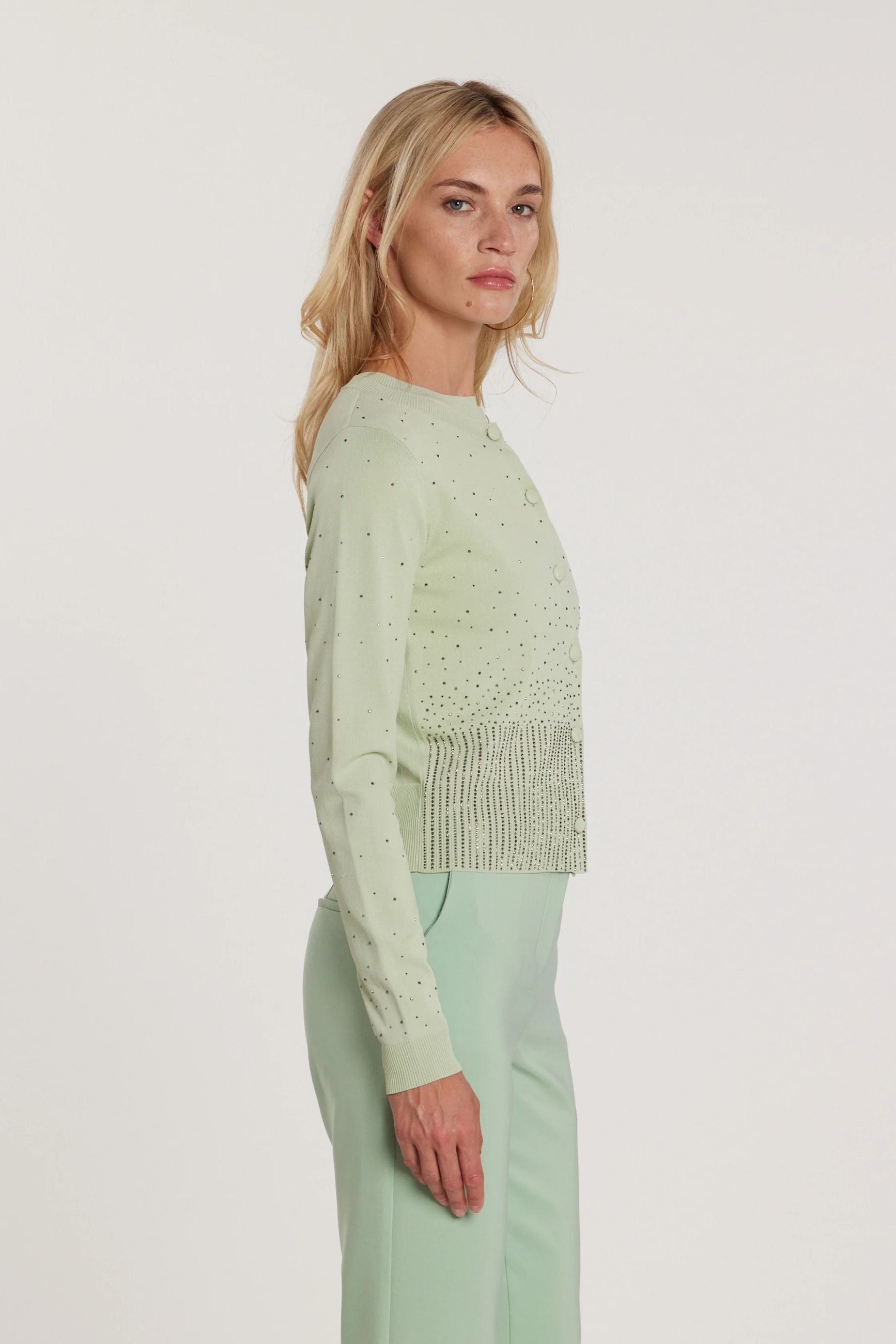 Relish Cardigan MOSS maniche lunghe girocollo con bottoni più applicazioni strass RDP2602067019 verde acqua