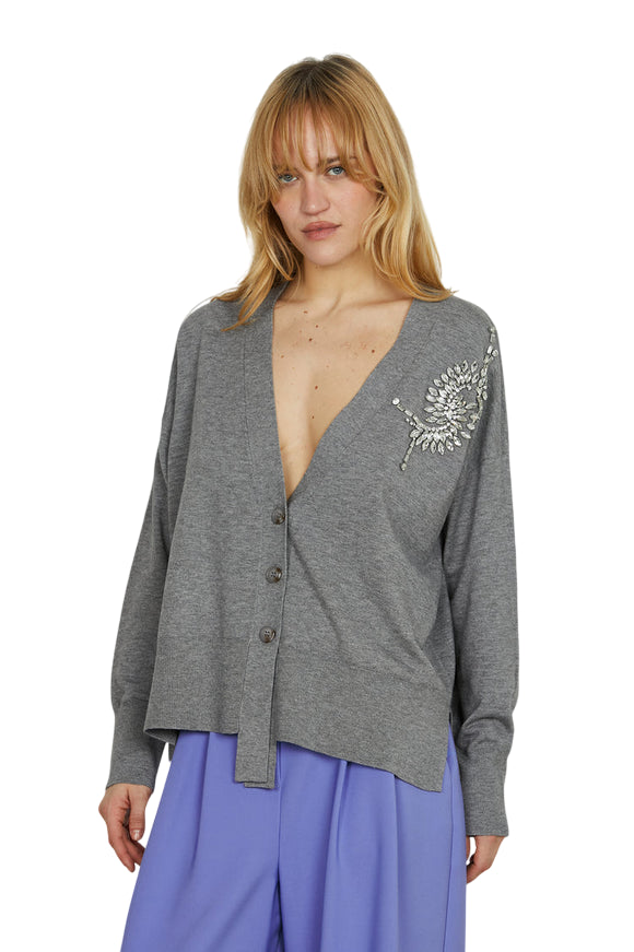 Relish Cardigan Venetico RDA2502605011 Grigio - Design Asimmetrico con Pietre Donna