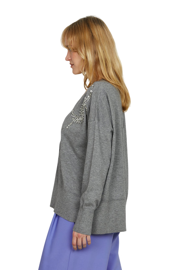 Relish Cardigan Venetico RDA2502605011 Grigio - Design Asimmetrico con Pietre Donna - LATERALE