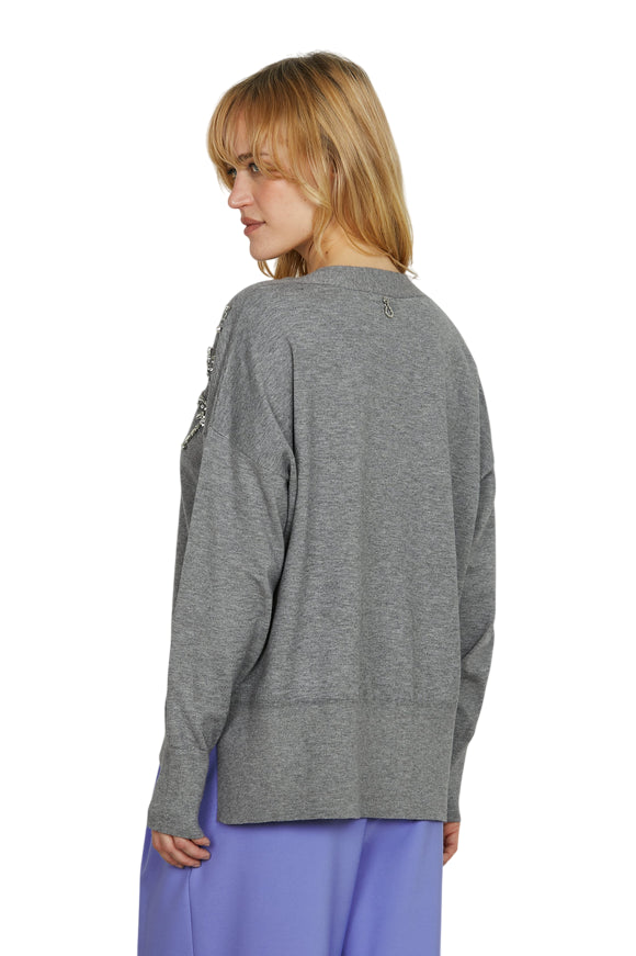 Relish Cardigan Venetico RDA2502605011 Grigio - Design Asimmetrico con Pietre Donna - retro
