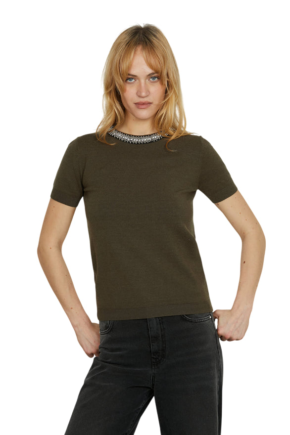 Relish – Maglia ACTERIA Mezza Manica con Goccia e Applicazione Perline e Strass RDA2502605007 Faggio