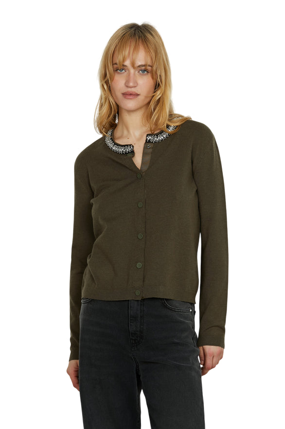 Relish – Maglia Cardigan SARIA Manica Lunga con Applicazione Strass e Perline RDA2502605008 Faggio