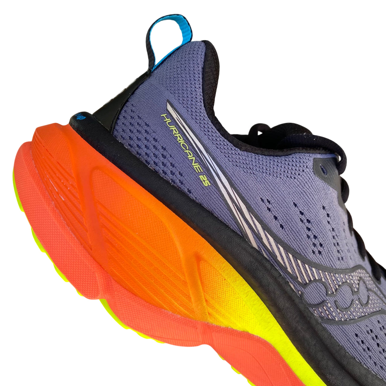 Vista laterale esterna Saucony Hurricane 25 shadow con dettagli tecnici e logo Saucony prominente