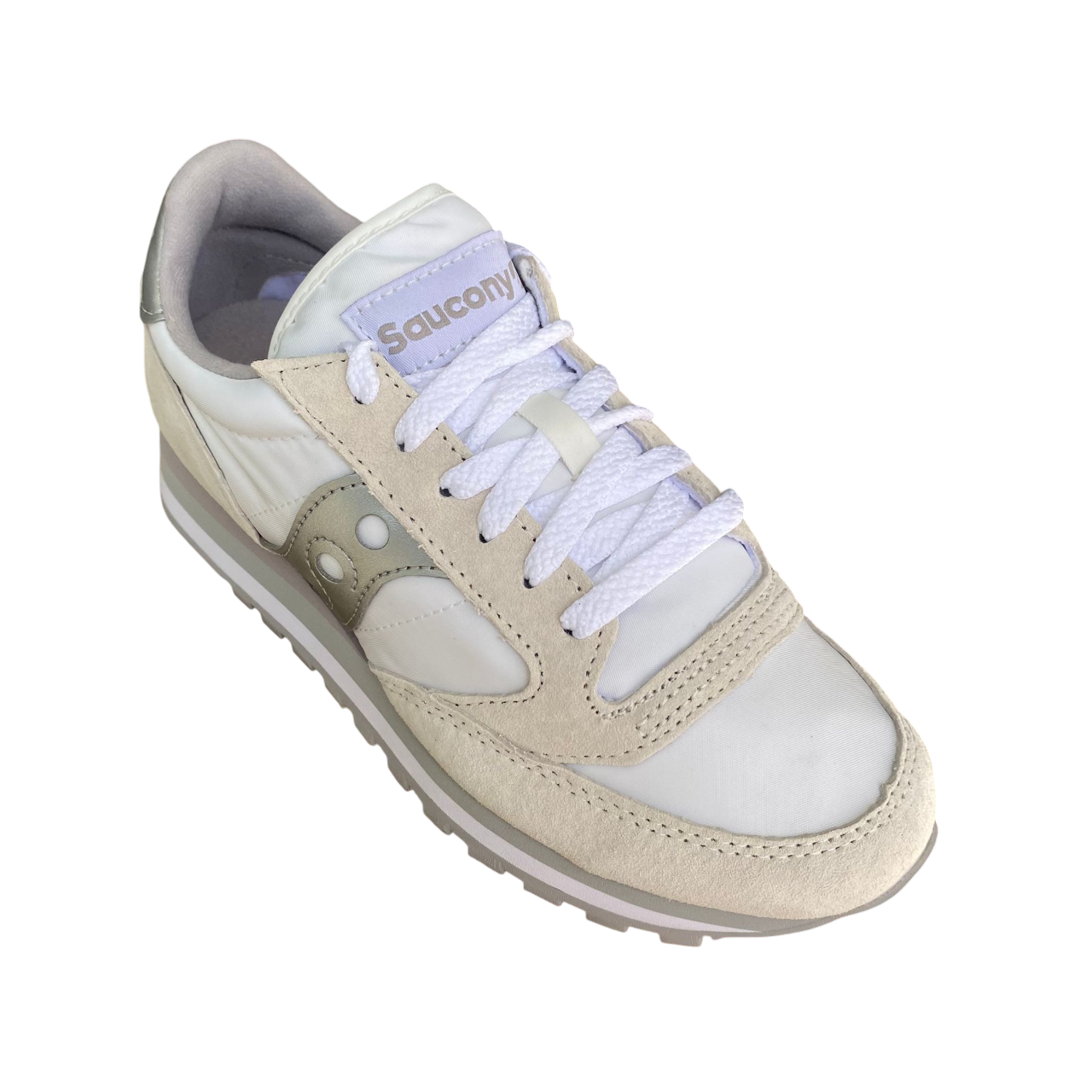 Sneakers Saucony Jazz Triple bianco-argento da donna con suola rialzata, dettagli metallizzati, logo Saucony laterale e design chunky moderno - alto