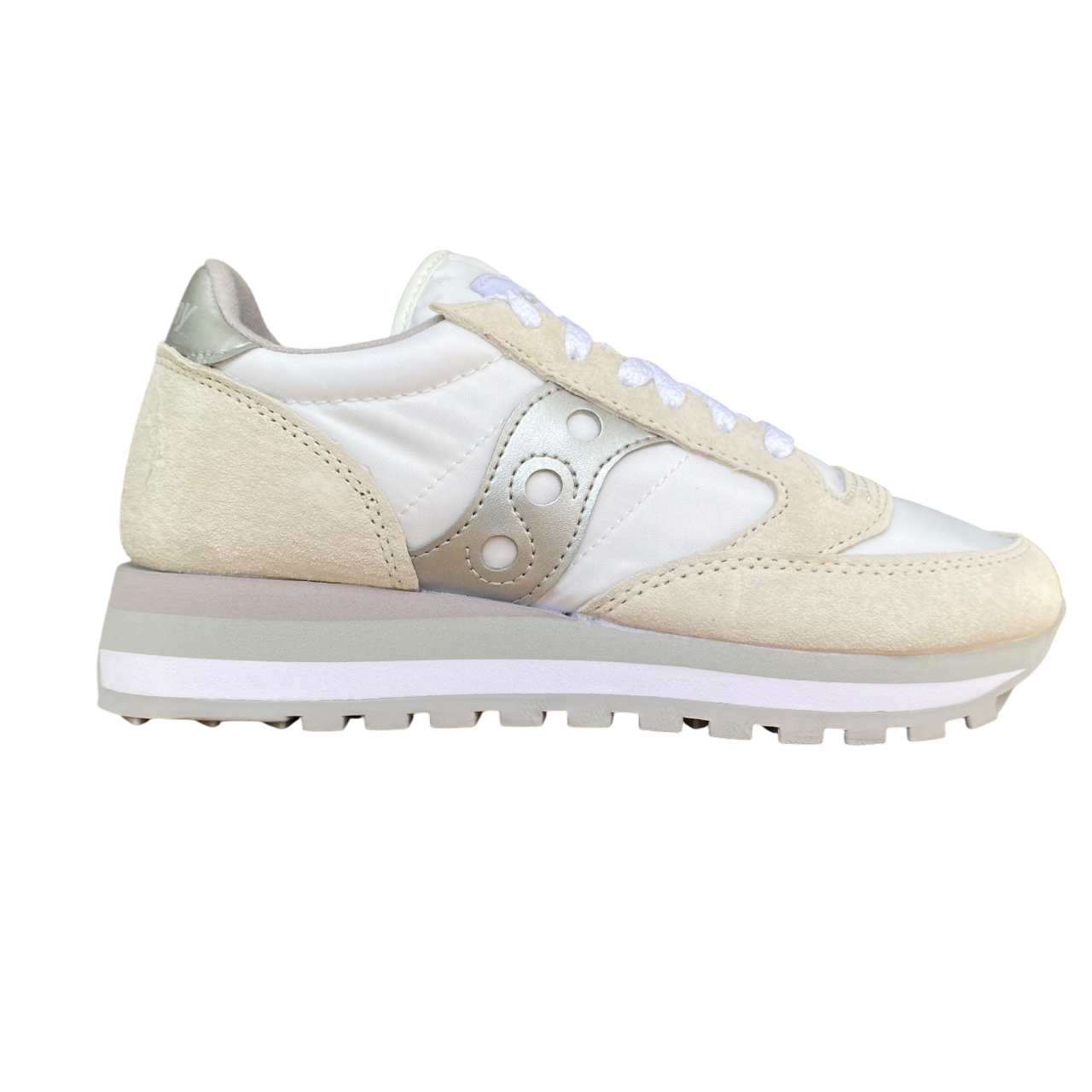 Sneakers Saucony Jazz Triple bianco-argento da donna con suola rialzata, dettagli metallizzati, logo Saucony laterale e design chunky moderno - esterno 