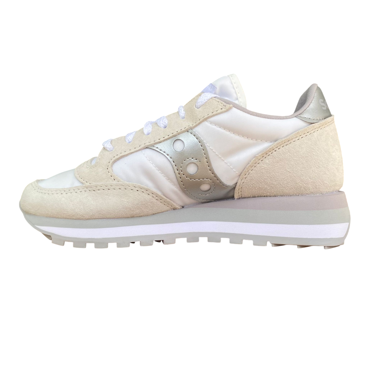 Sneakers Saucony Jazz Triple bianco-argento da donna con suola rialzata, dettagli metallizzati, logo Saucony laterale e design chunky moderno - interno