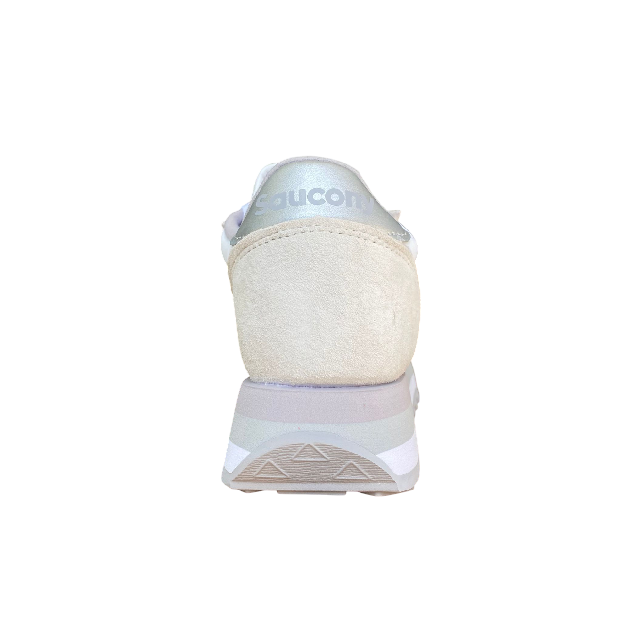 Sneakers Saucony Jazz Triple bianco-argento da donna con suola rialzata, dettagli metallizzati, logo Saucony laterale e design chunky moderno - tallone