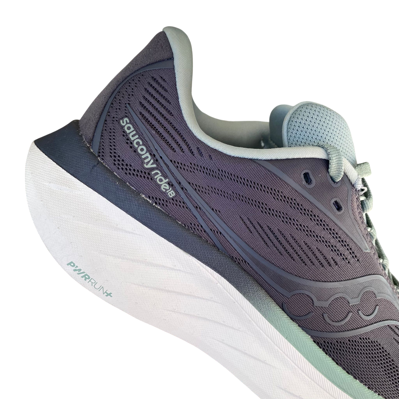 Scarpe da running Saucony Ride 18 S21000-227 uomo carbonio, vista laterale tallone tecnologia PWRRUN+
