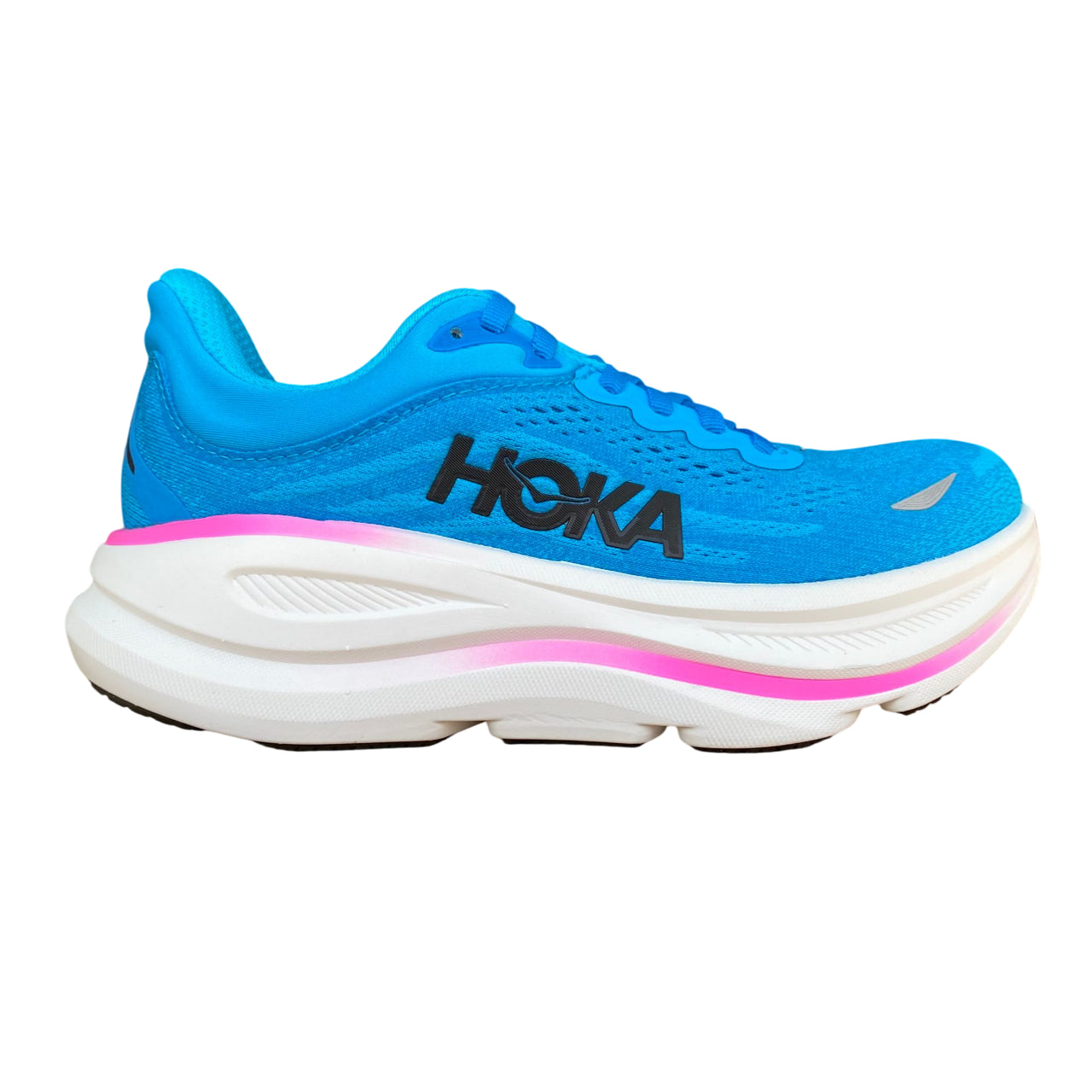 Scarpe running Hoka One One Bondi 9 donna ultra-ammortizzate con stack alto e schiuma ultima generazione, vista laterale design femminile