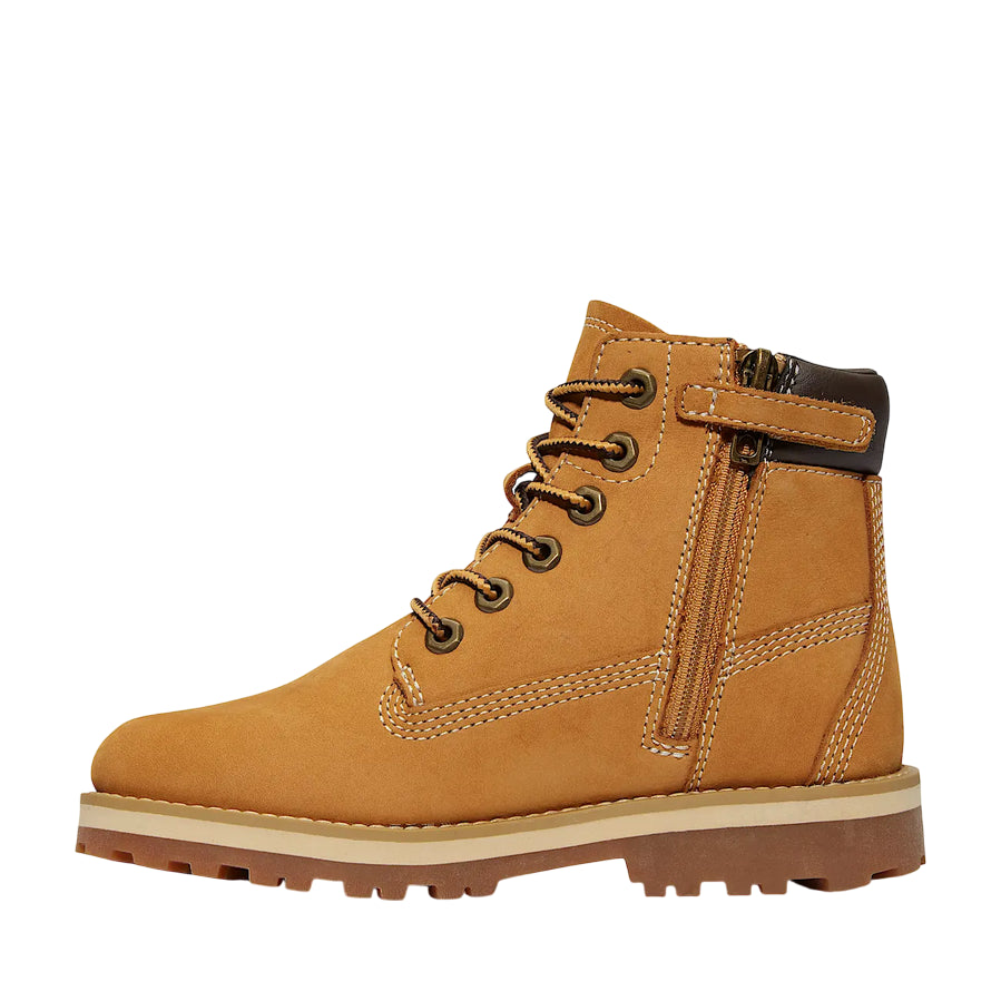Scarponcino Timberland Junior Chelsea Courma giallo grano con pelle premium, zip laterale e materiali sostenibili ReBOTL, vista laterale