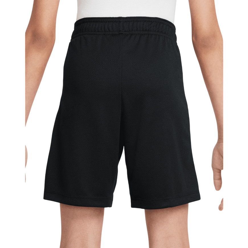 Vista posteriore degli shorts da calcio Nike Dri-FIT Strike per ragazzi in nero con dettagli avorio