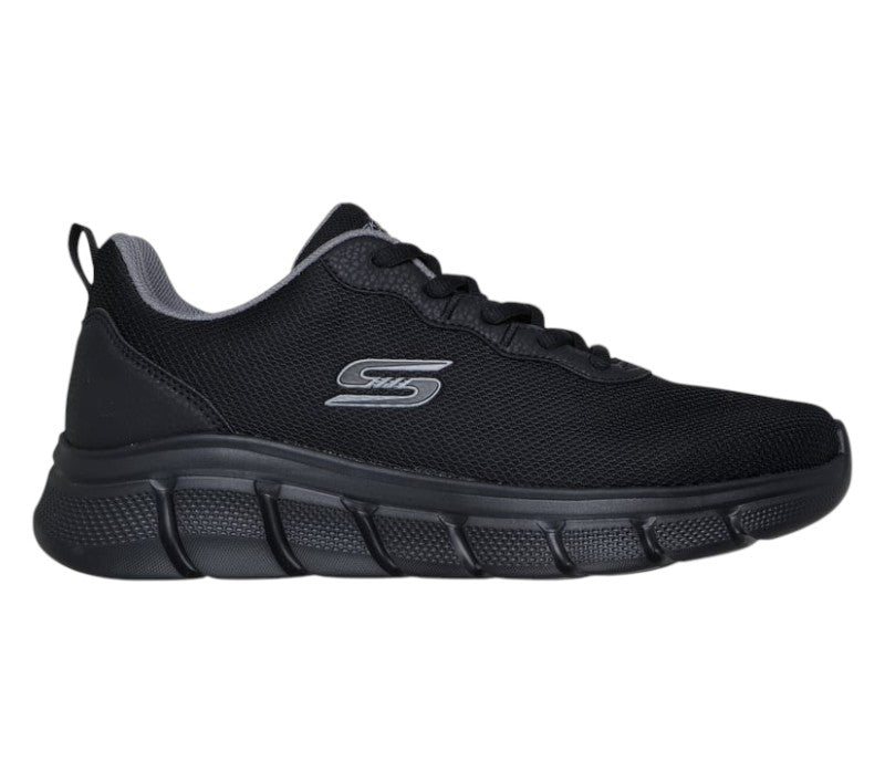 Scarpe uomo Skechers BOBS Sport B Flex Icy Edge nero vista laterale con tomaia in maglia ingegnerizzata e logo BOBS Sport