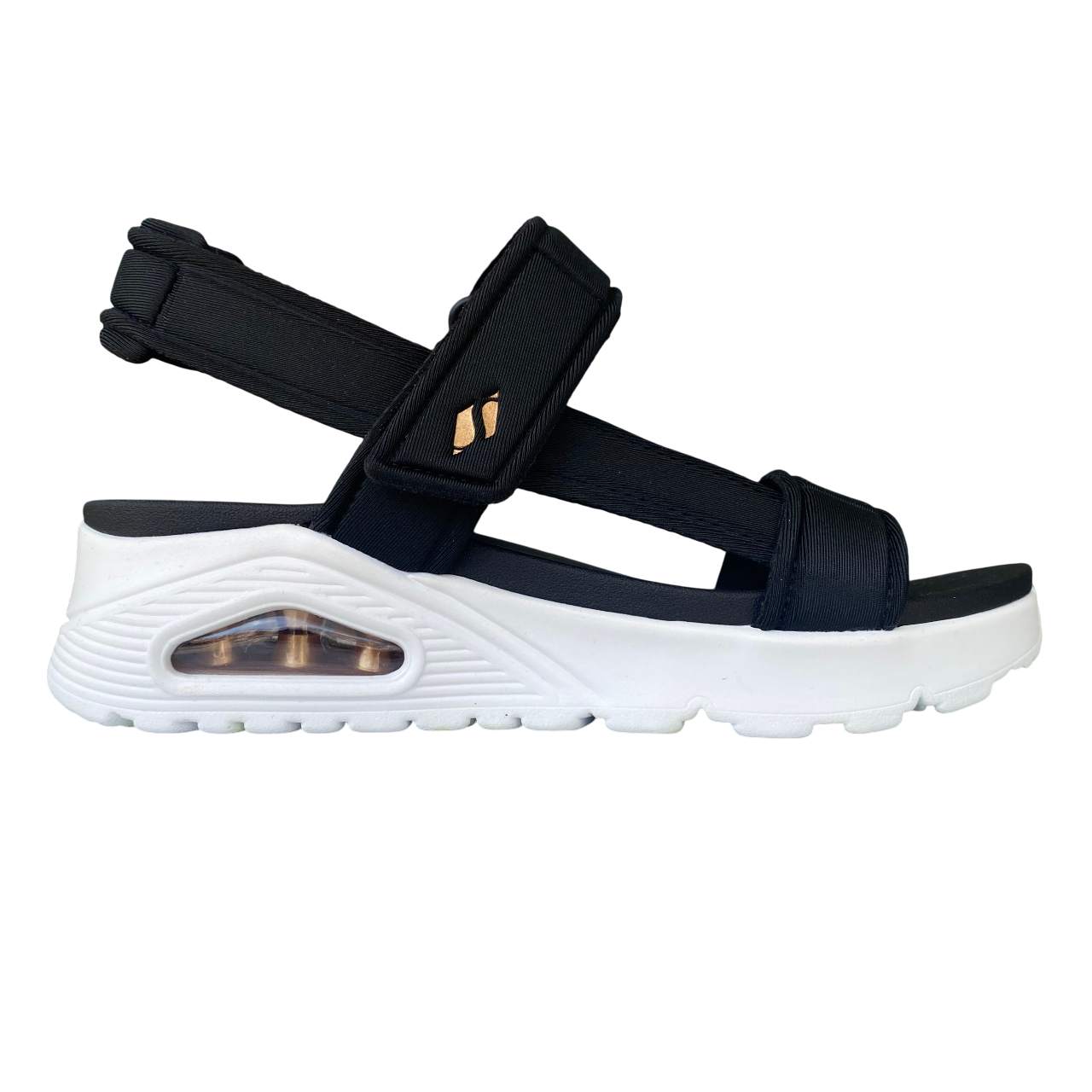 Sandali Skechers Uno Summer Stand2 neri donna 119813 vegan con suola ammortizzata e design estivo elegante vista laterale esterna