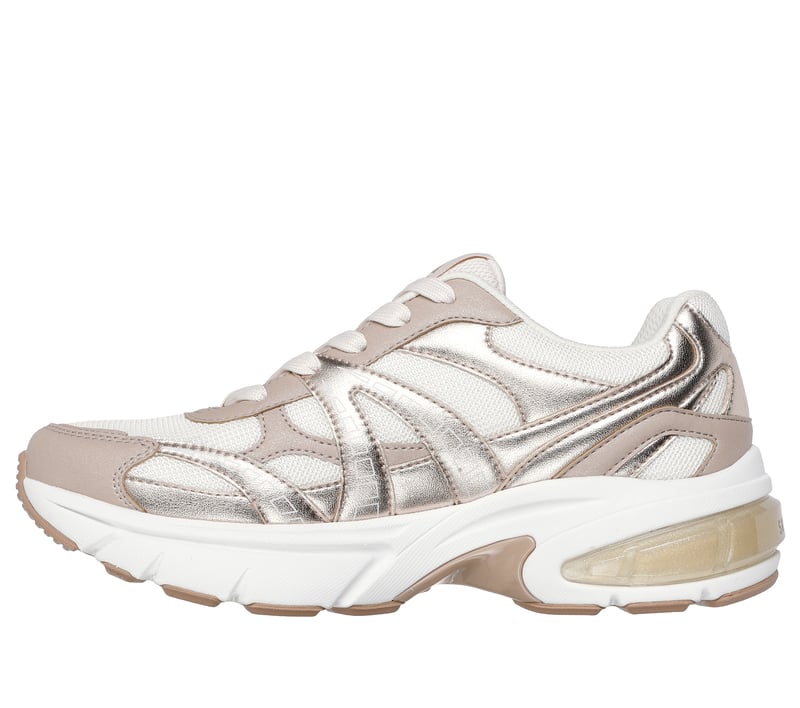 Sneakers donna Skechers Shadow Stellar 90 rosa oro vista laterale interno con tomaia metallizzata e inserto trasparente