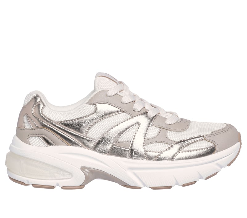 Sneakers donna Skechers Shadow Stellar 90 rosa oro vista laterale con tomaia metallizzata e inserto trasparente