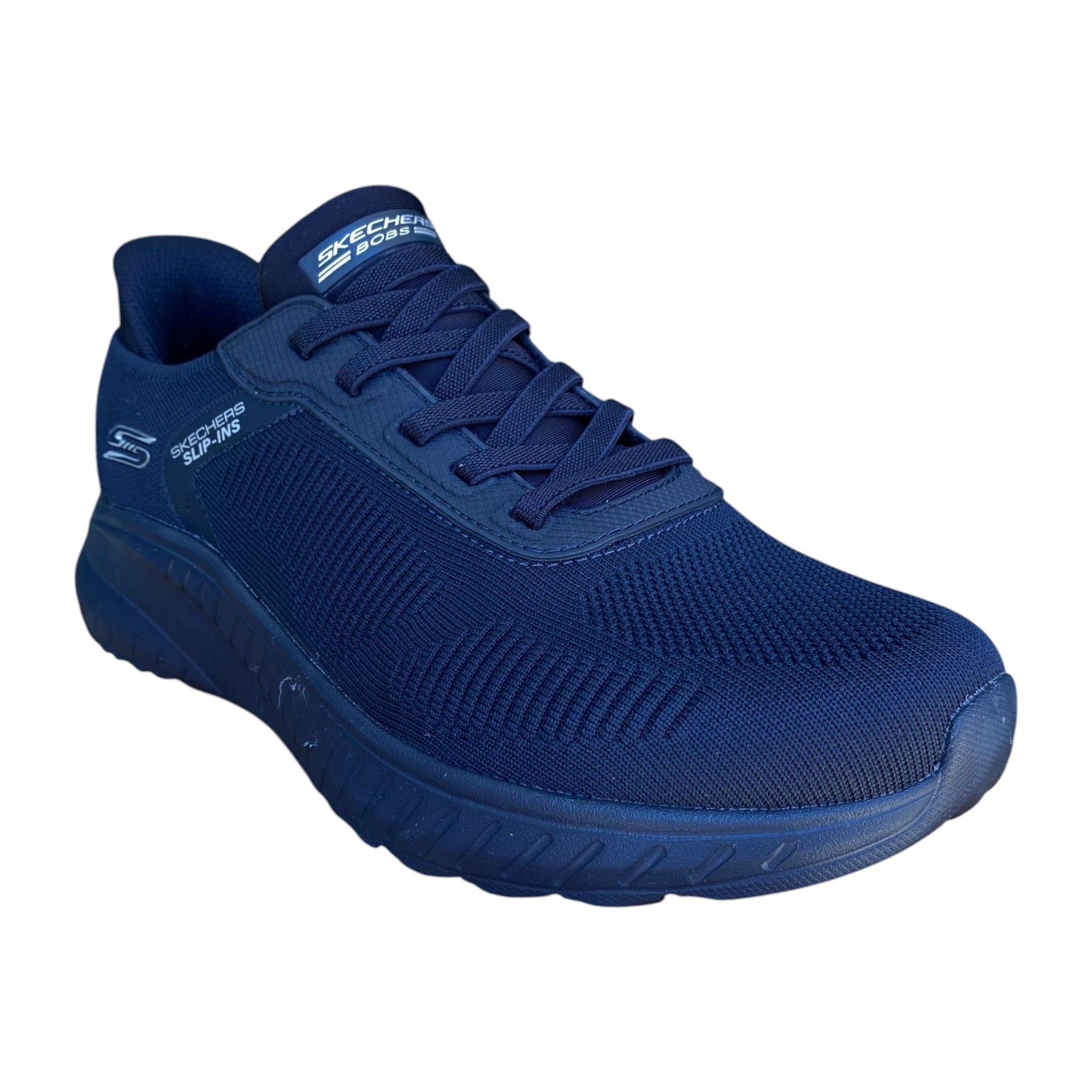 Scarpe Skechers Slip-ins BOBS Sport Squad Chaos Solid Step 118312/DKNK vista frontale con tomaia in maglia ingegnerizzata e lacci No Tie Fit