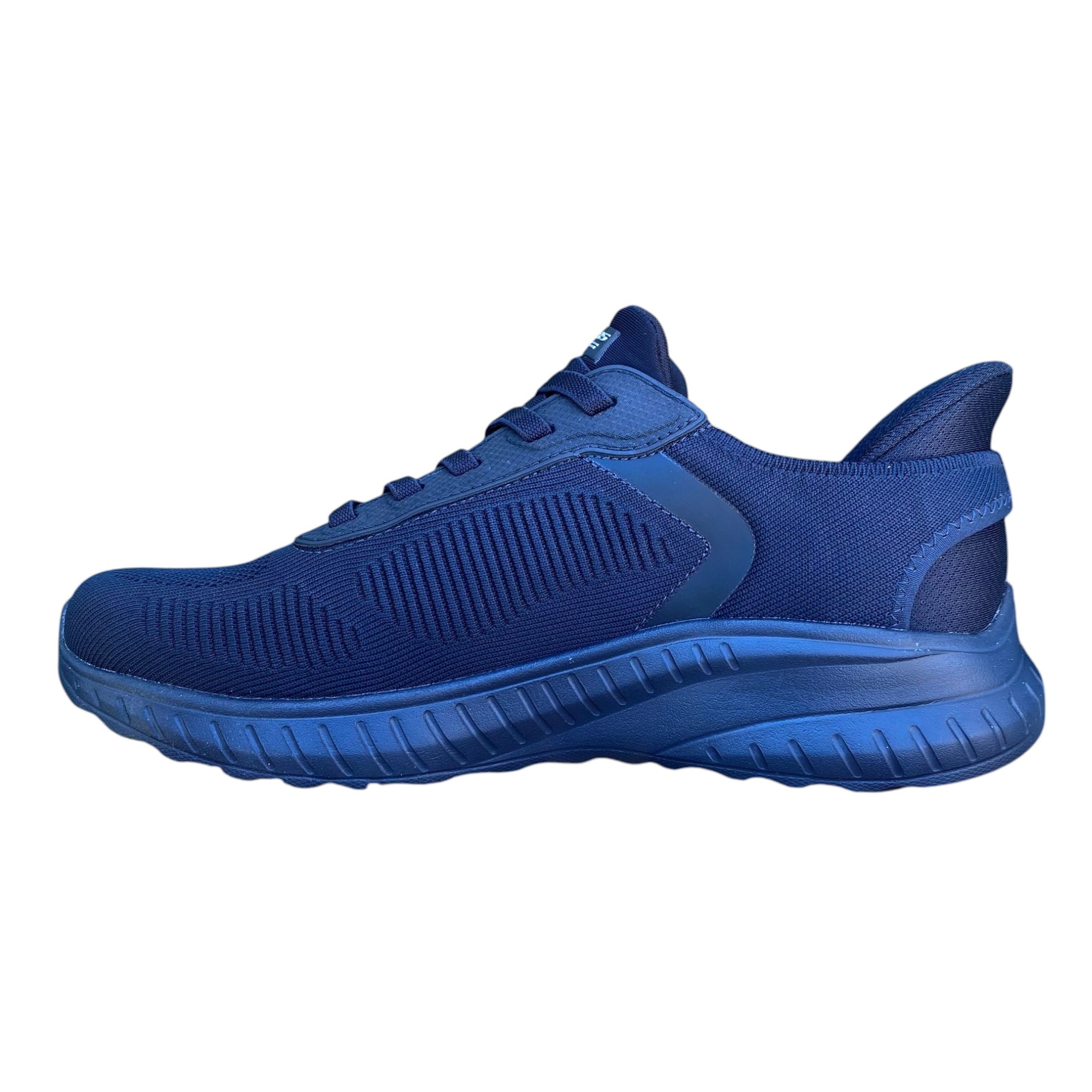 Scarpe uomo Skechers Slip-ins BOBS Sport Squad Chaos Solid Step 118312/DKNK blu scuro vista laterale intenro con tecnologia hands-free e Heel Pillow