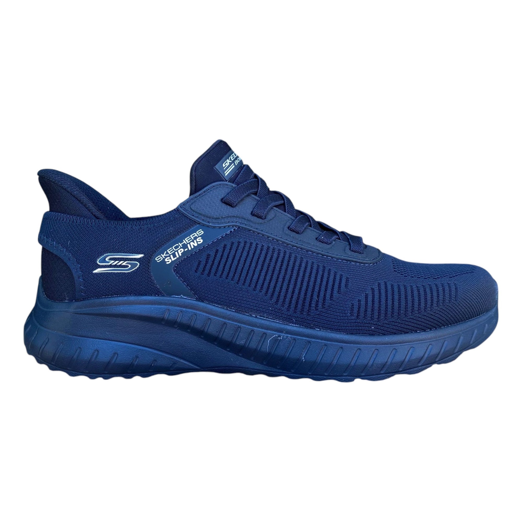Scarpe uomo Skechers Slip-ins BOBS Sport Squad Chaos Solid Step 118312/DKNK blu scuro vista laterale con tecnologia hands-free e Heel Pillow
