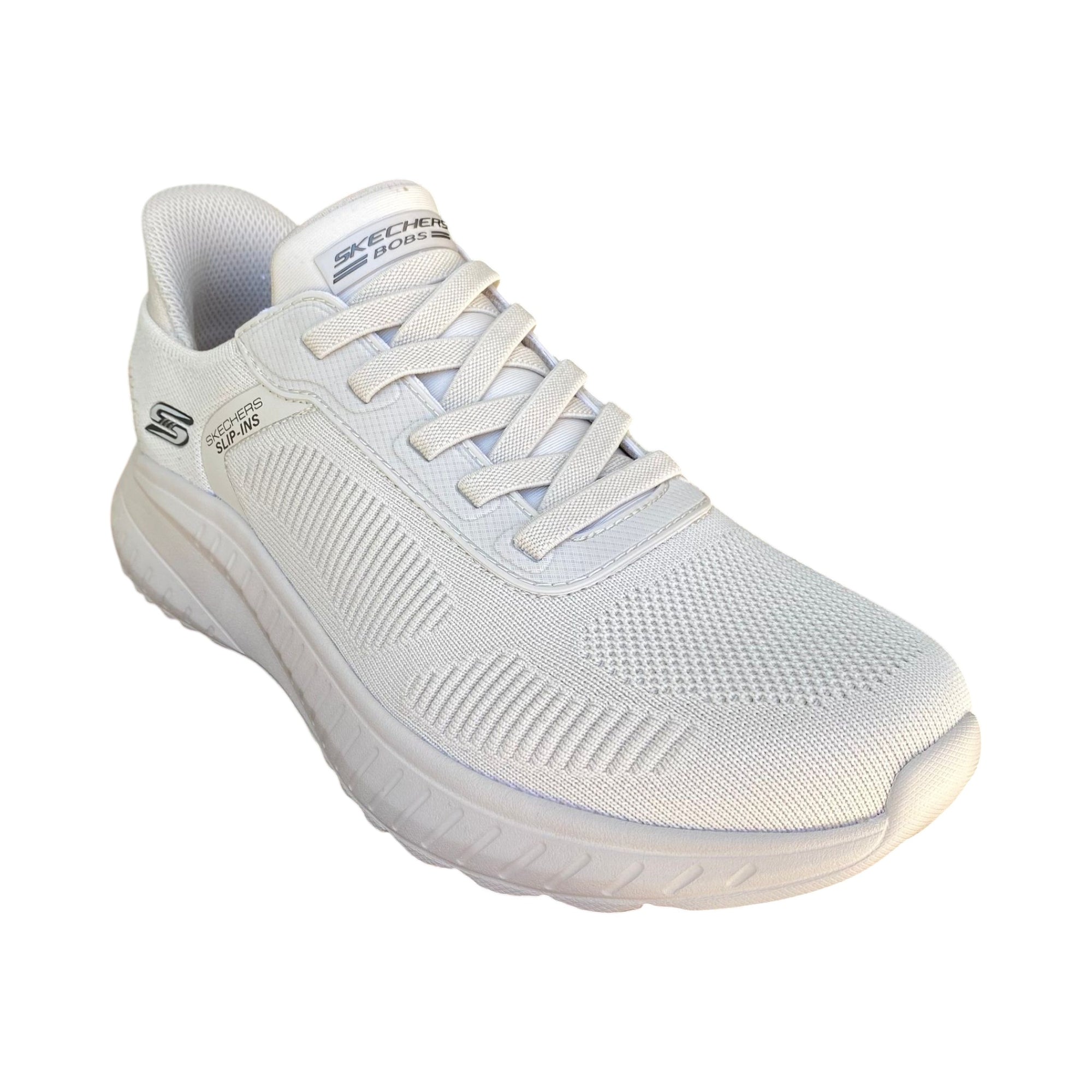 Scarpe Skechers Slip-ins BOBS Sport Squad Chaos Solid Step 118312/OFWT vista frontale con tomaia in maglia ingegnerizzata e lacci No Tie Fit