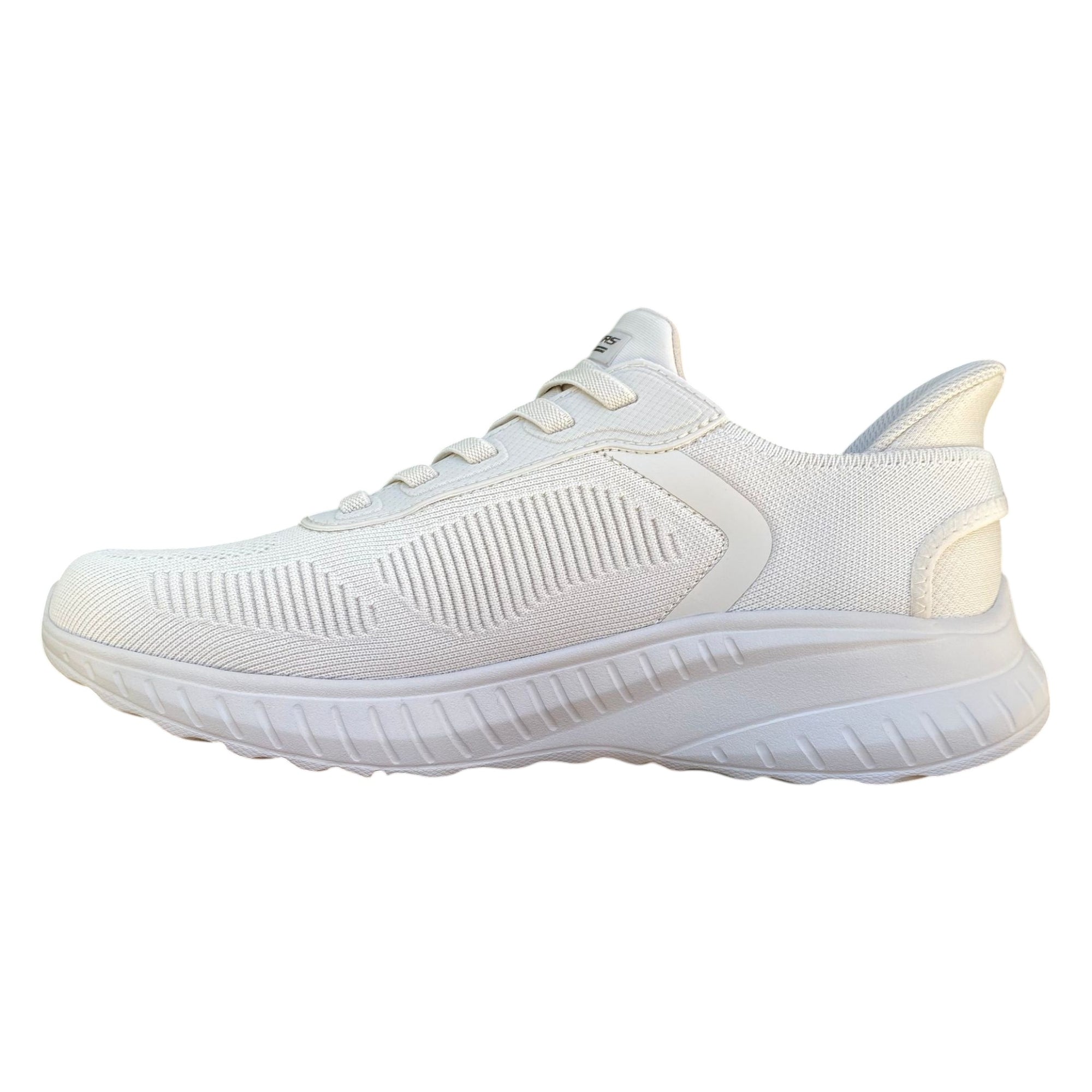 Scarpe uomo Skechers Slip-ins BOBS Sport Squad Chaos Solid Step 118312/OFWT bianco vista laterale interno con tecnologia hands-free e Heel Pillow