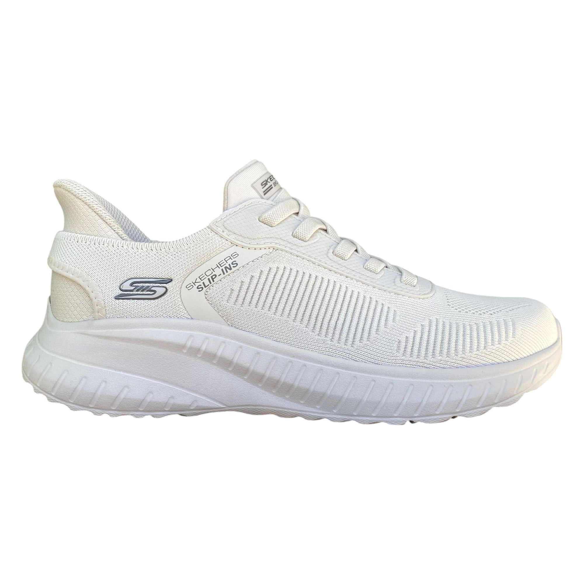 Scarpe uomo Skechers Slip-ins BOBS Sport Squad Chaos Solid Step 118312/OFWT bianco vista laterale con tecnologia hands-free e Heel Pillow