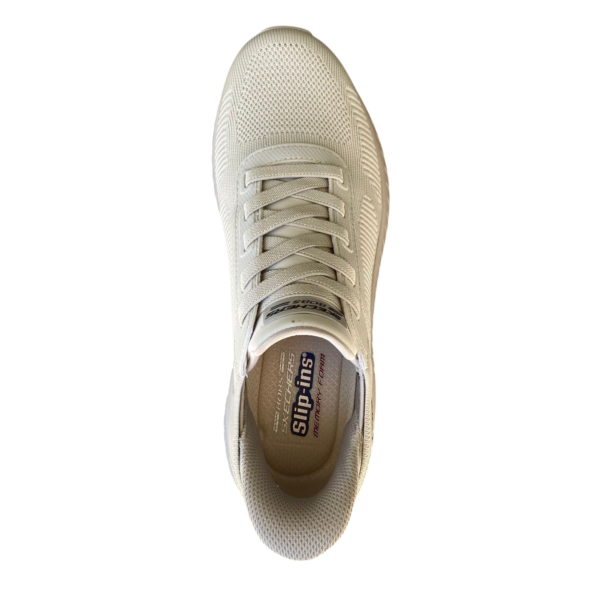 Scarpe Skechers Slip-ins BOBS Sport Squad Chaos Solid Step 118312/OFWT vista dall'alto con tomaia atletica in maglia e design Squad Chaos