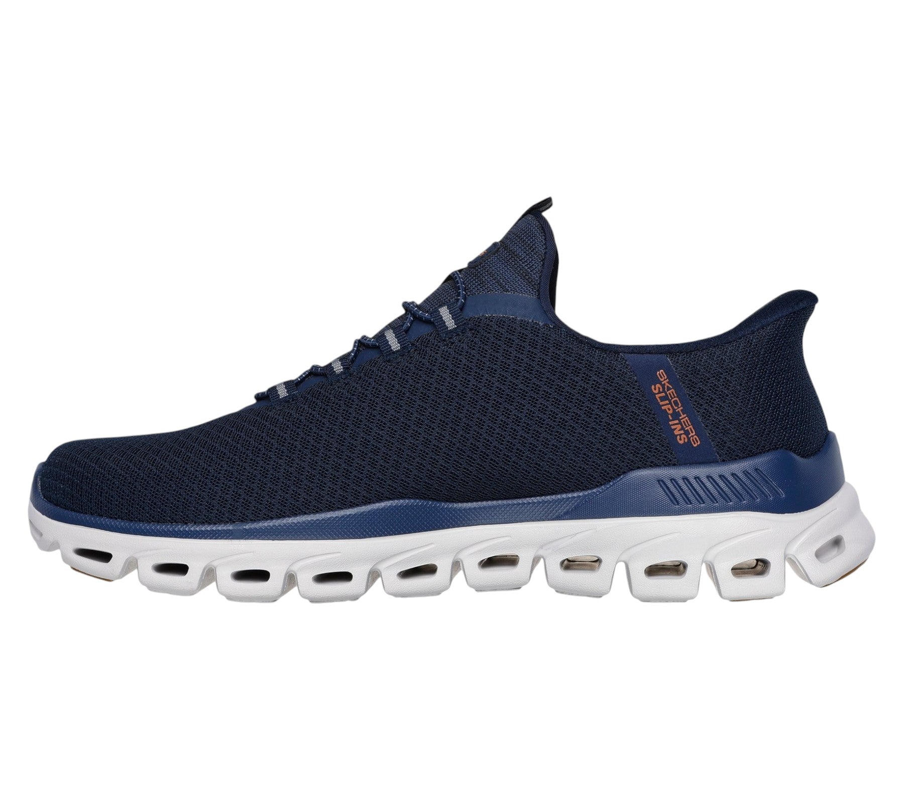 Scarpe Skechers Slip-ins Glide-Step Noxus vista profilo con tomaia in mesh a rombi e lacci No Tie Fit