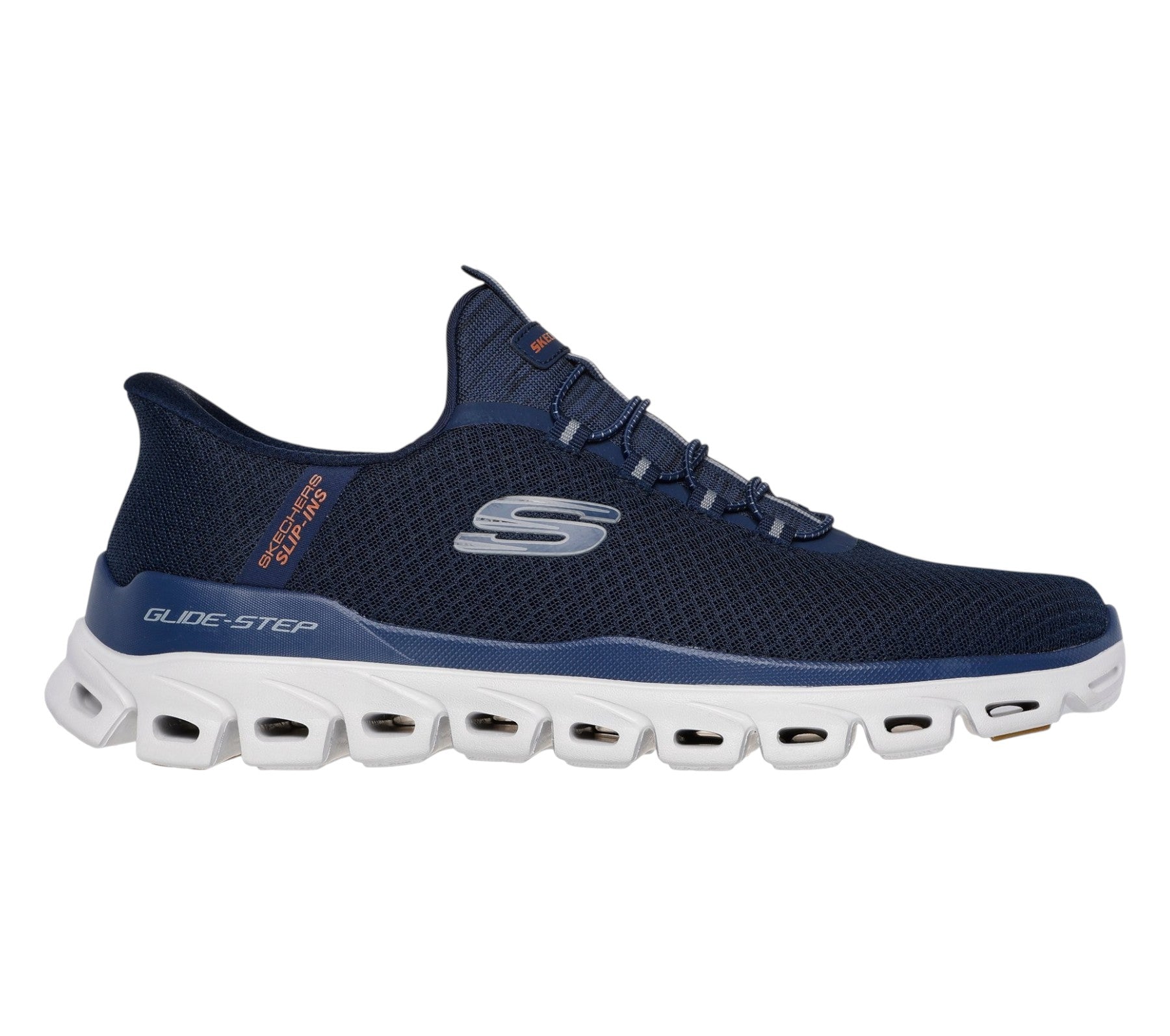 Scarpe uomo Skechers Slip-ins Glide-Step Noxus blu vista laterale con tecnologia hands-free e Heel Pillow