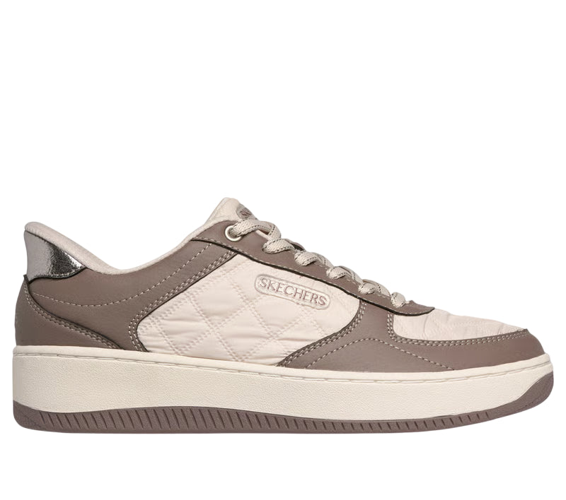 Profilo esterno Skechers Sport Court 2.0 beige-marrone con logo Skechers e design sportivo femminile