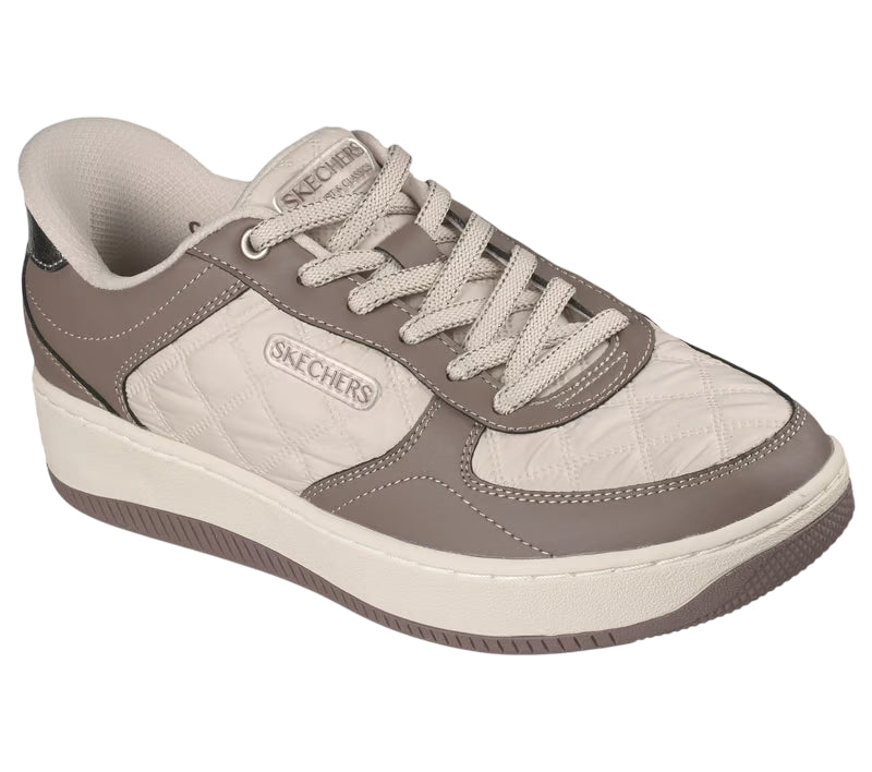 Sneakers Skechers Slip-ins Sport Court 2.0 donna beige-marrone con tecnologia Hands Free, vista laterale design sportivo