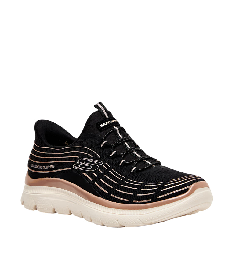 Profilo esterno Skechers Summit Plus BKRG con logo Skechers e design nero elegante per donna