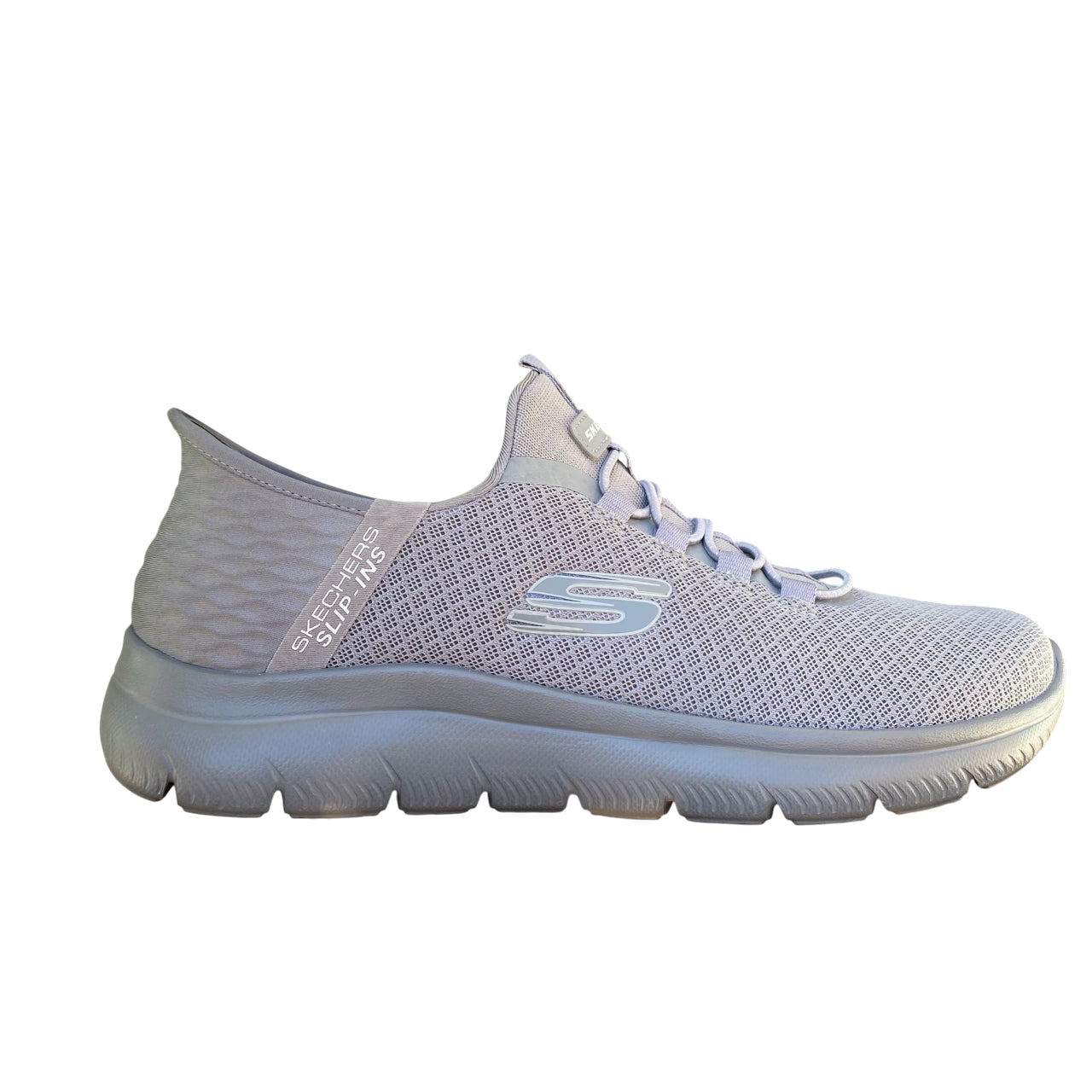 Profilo esterno Skechers Summits High Range Vegan grigio con logo Skechers e design eco-sostenibile