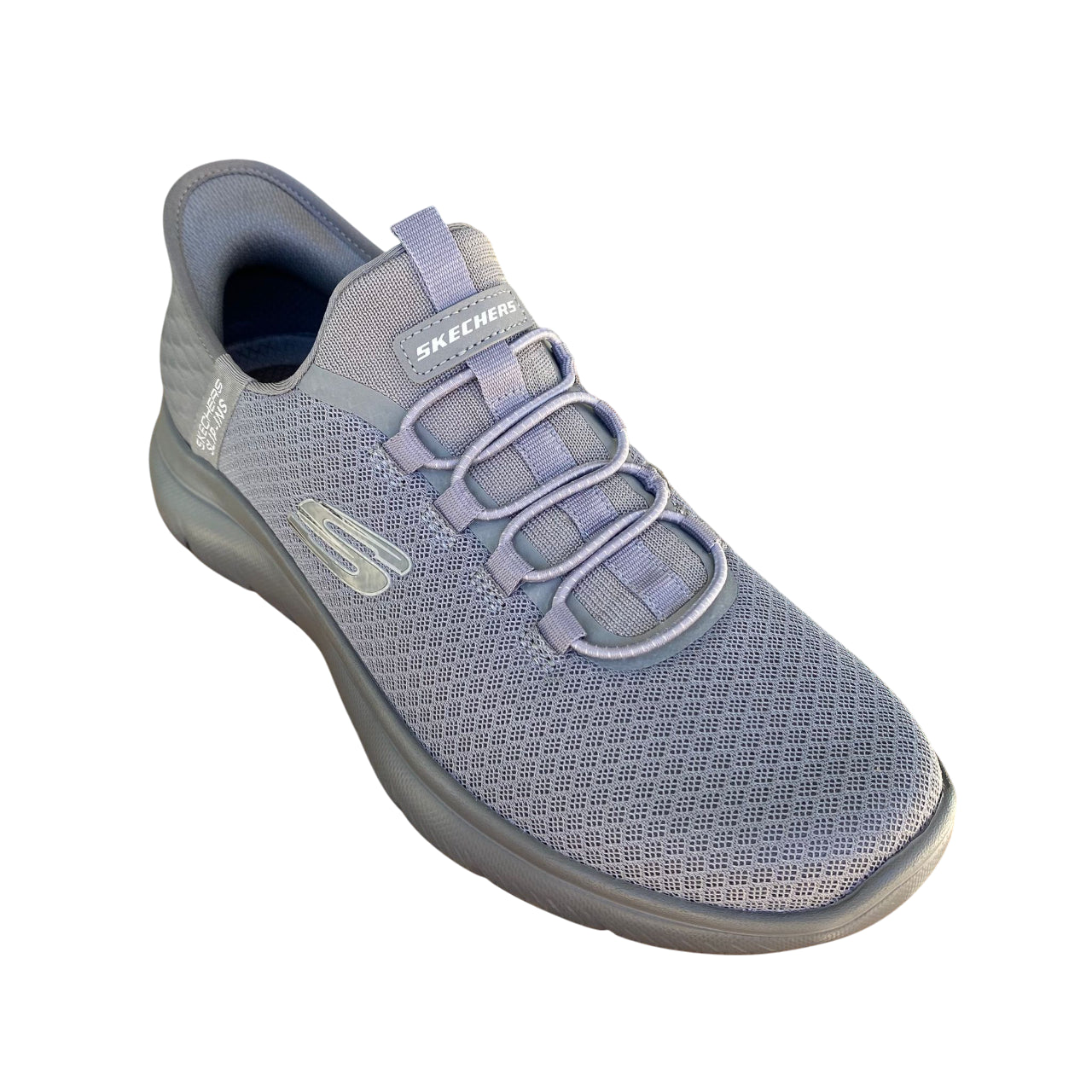 Scarpe Skechers Slip-ins Summits High Range Vegan uomo grigie con tecnologia Hands Free, vista laterale design sostenibile