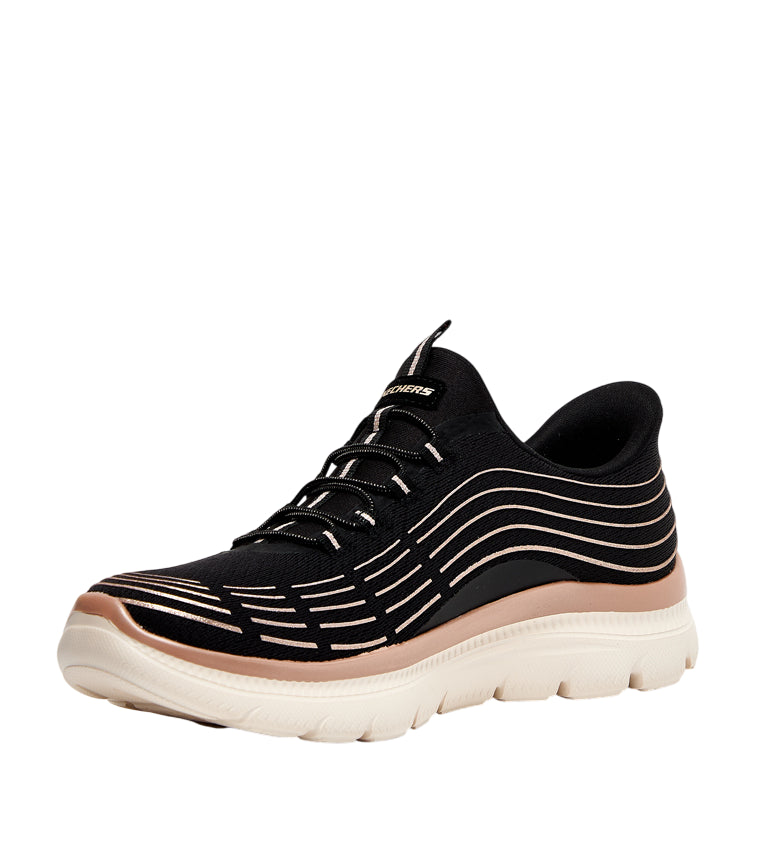 Vista laterale interna Skechers Slip-ins Summit Plus nere con tecnologia senza lacci e comfort immediato