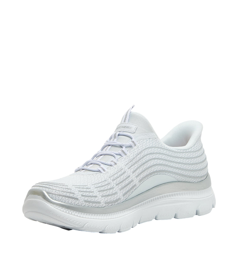 Vista laterale interna Skechers Slip-ins Summit Plus bianche con tecnologia senza lacci e comfort immediato