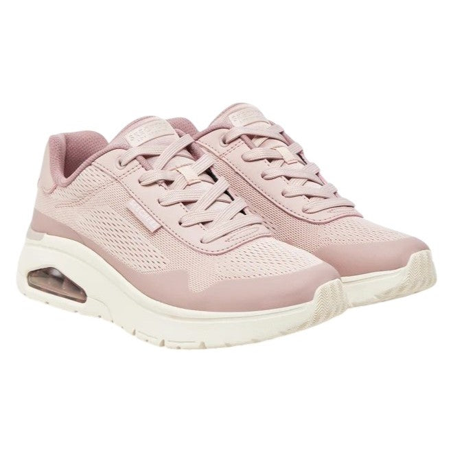 Sneakers Skechers UNO FLEX W vista frontale con sistema di allacciatura e tomaia in maglia ingegnerizzata malva