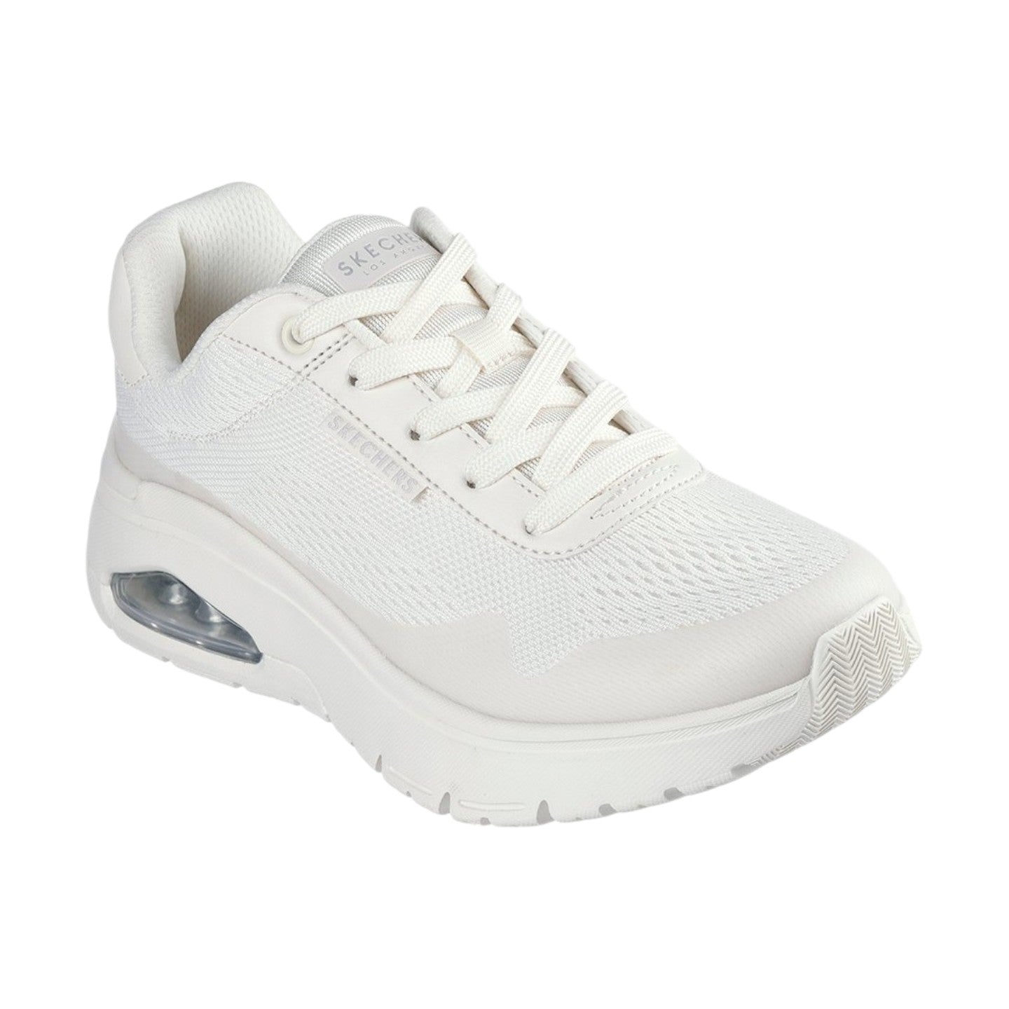 Sneakers Skechers UNO FLEX W vista frontale con sistema di allacciatura e tomaia in maglia ingegnerizzata bianco sporco