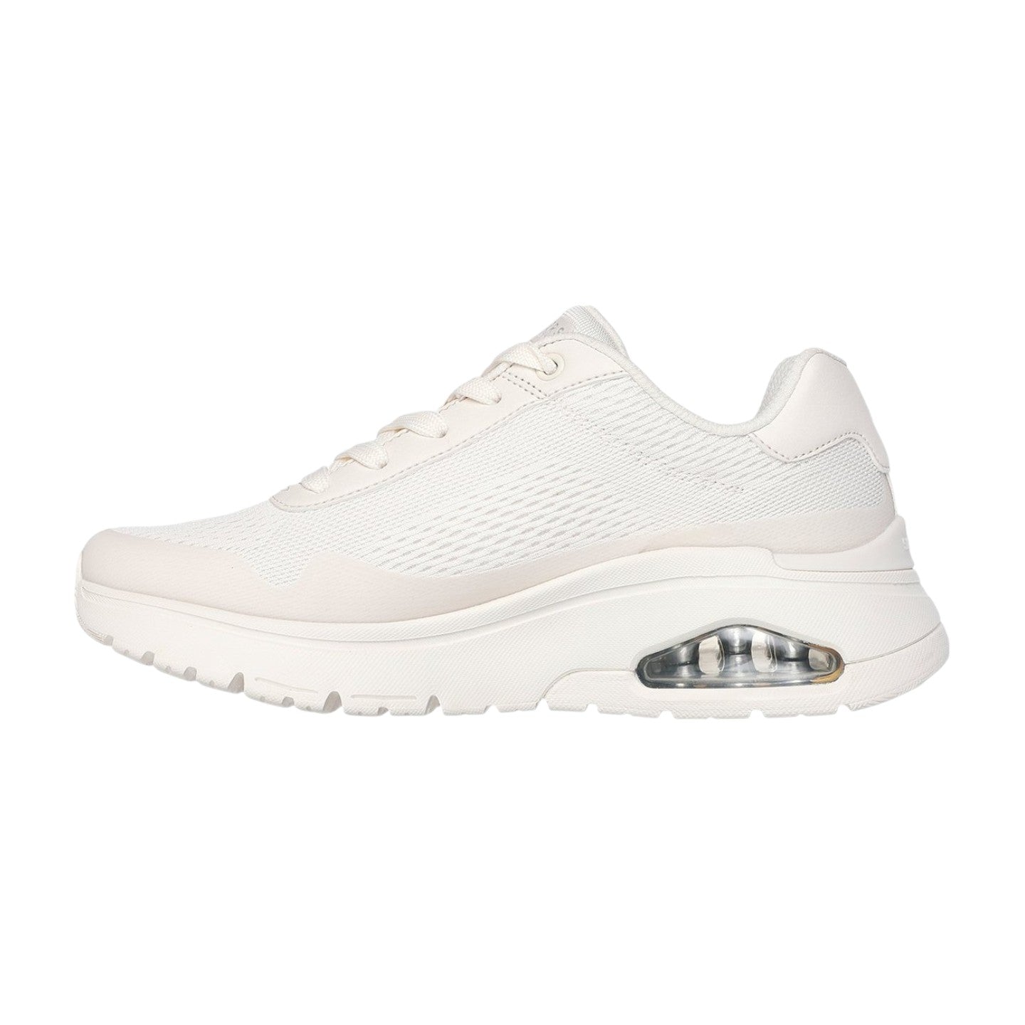Sneakers donna Skechers UNO FLEX W bianco sporco vista laterale interno con intersuola Skech-Air visibile e tomaia in maglia
