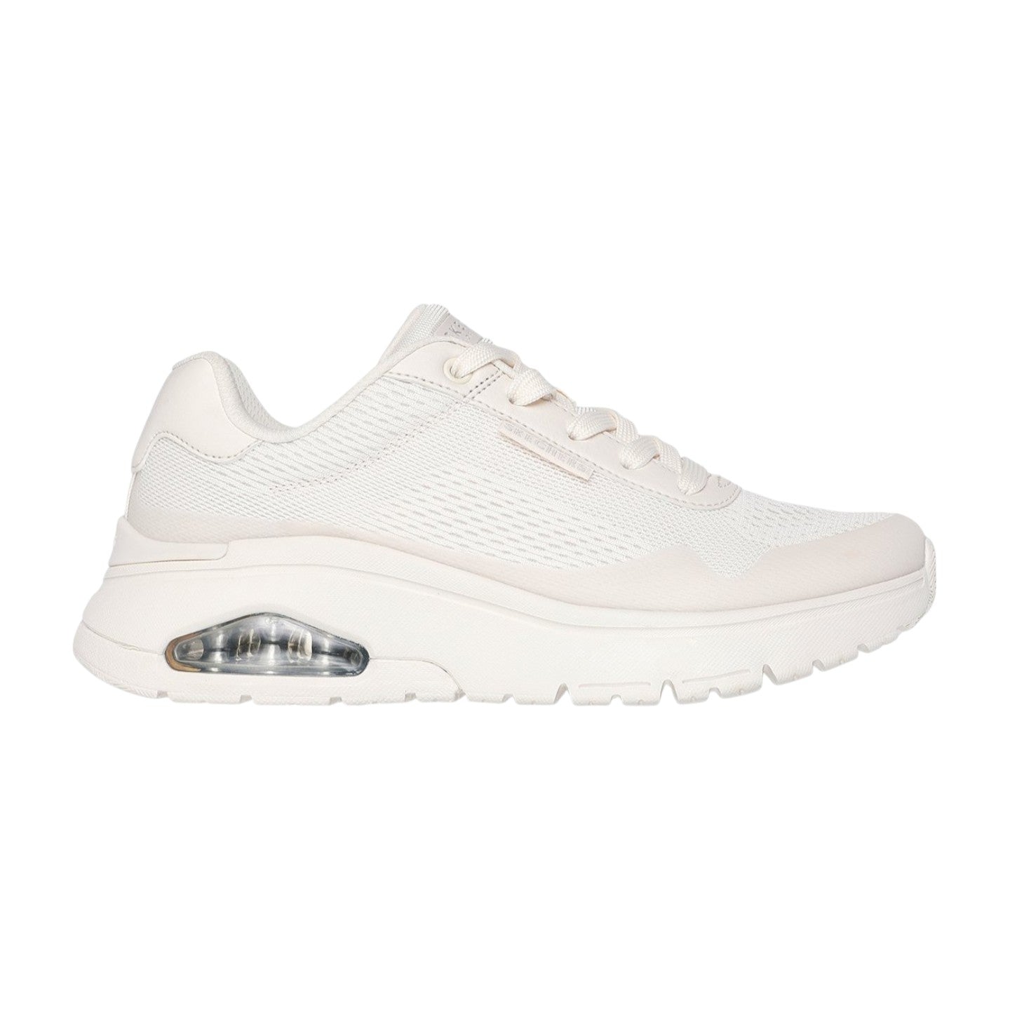 Sneakers donna Skechers UNO FLEX W bianco sporco vista laterale con intersuola Skech-Air visibile e tomaia in maglia