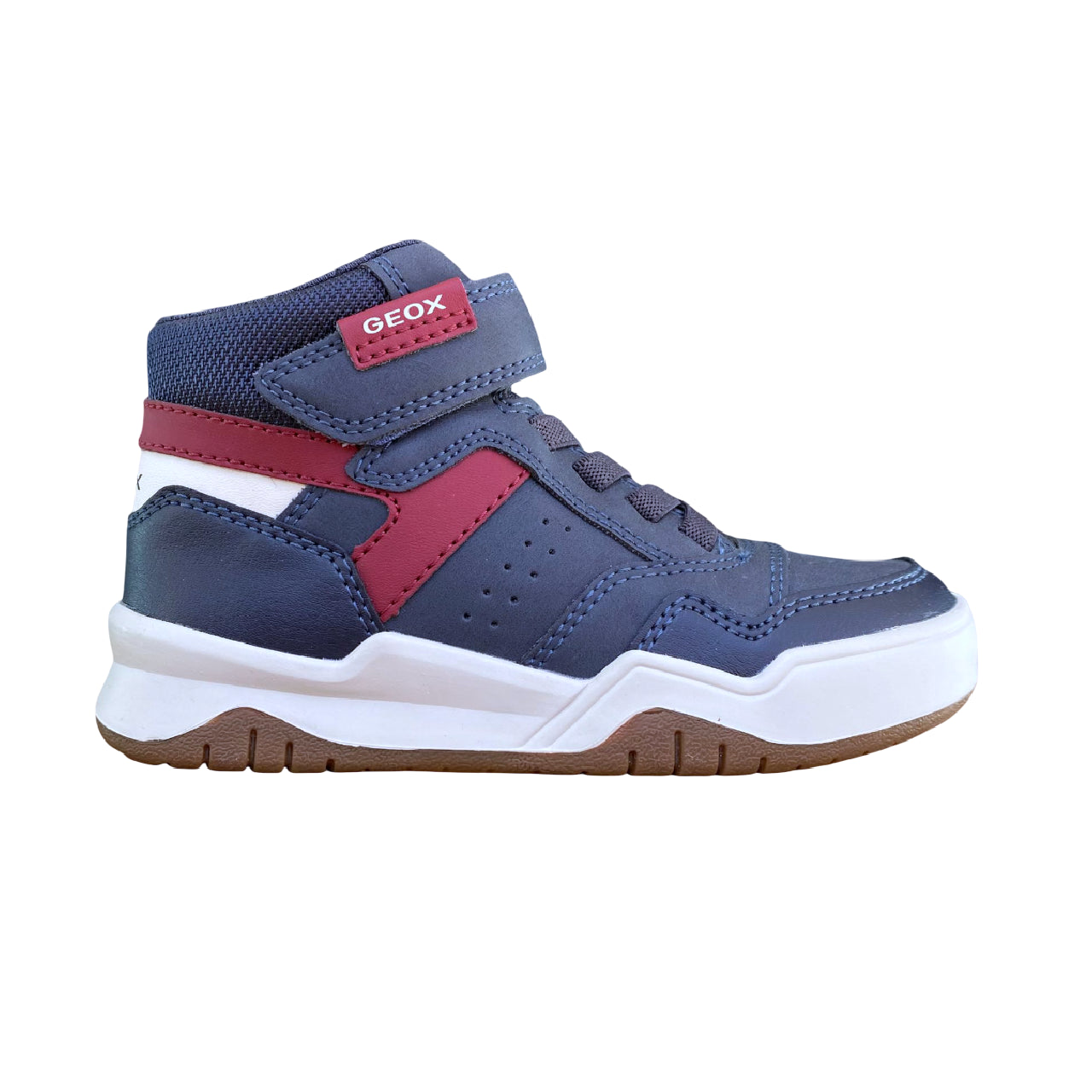 Sneakers alta Geox Junior Perth blu-rosso con tecnologia traspirante, design trendy e chiusura lacci elastici + velcro