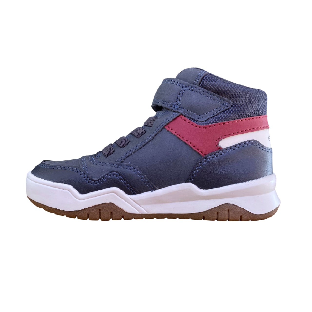 Sneakers alta Geox Junior Perth blu-rosso con tecnologia traspirante, design trendy e chiusura lacci elastici + velcro, vista laterale interno 