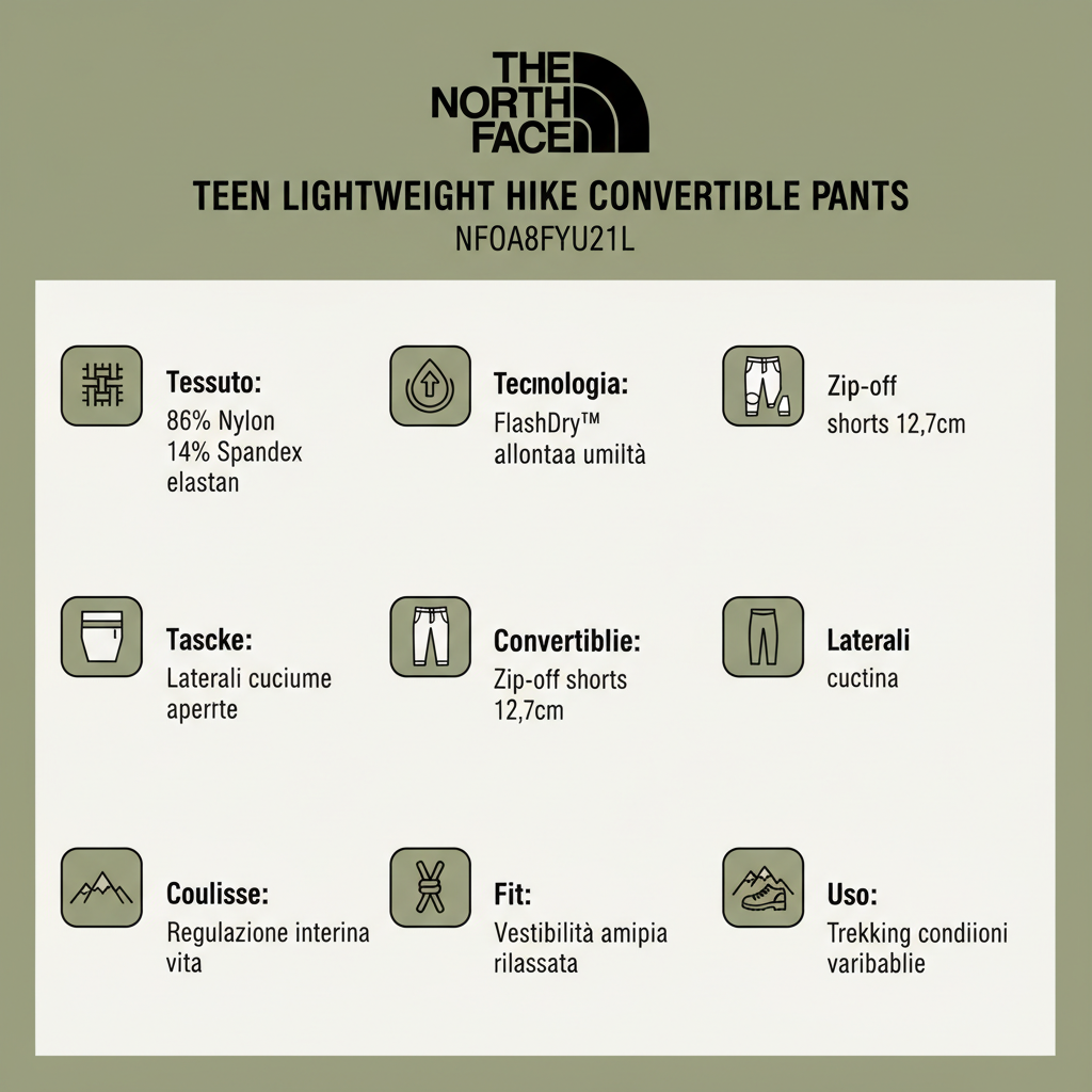 Infografica tecnica The North Face NF0A8FYU21L - specifiche FlashDry convertibile zip-off