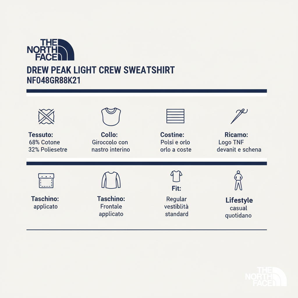 Infografica tecnica The North Face Drew Peak Light NF0A8GR88K21 - specifiche cotone poliestere girocollo