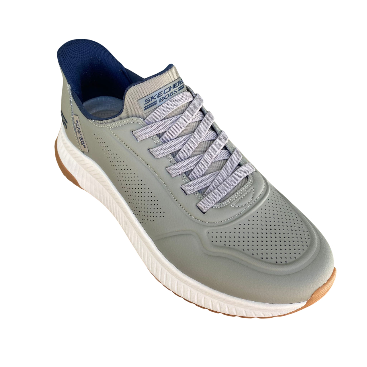Dettaglio tomaia Skechers BOBS Sport Squad oliva in pelle vegan premium con lacci elasticizzati
