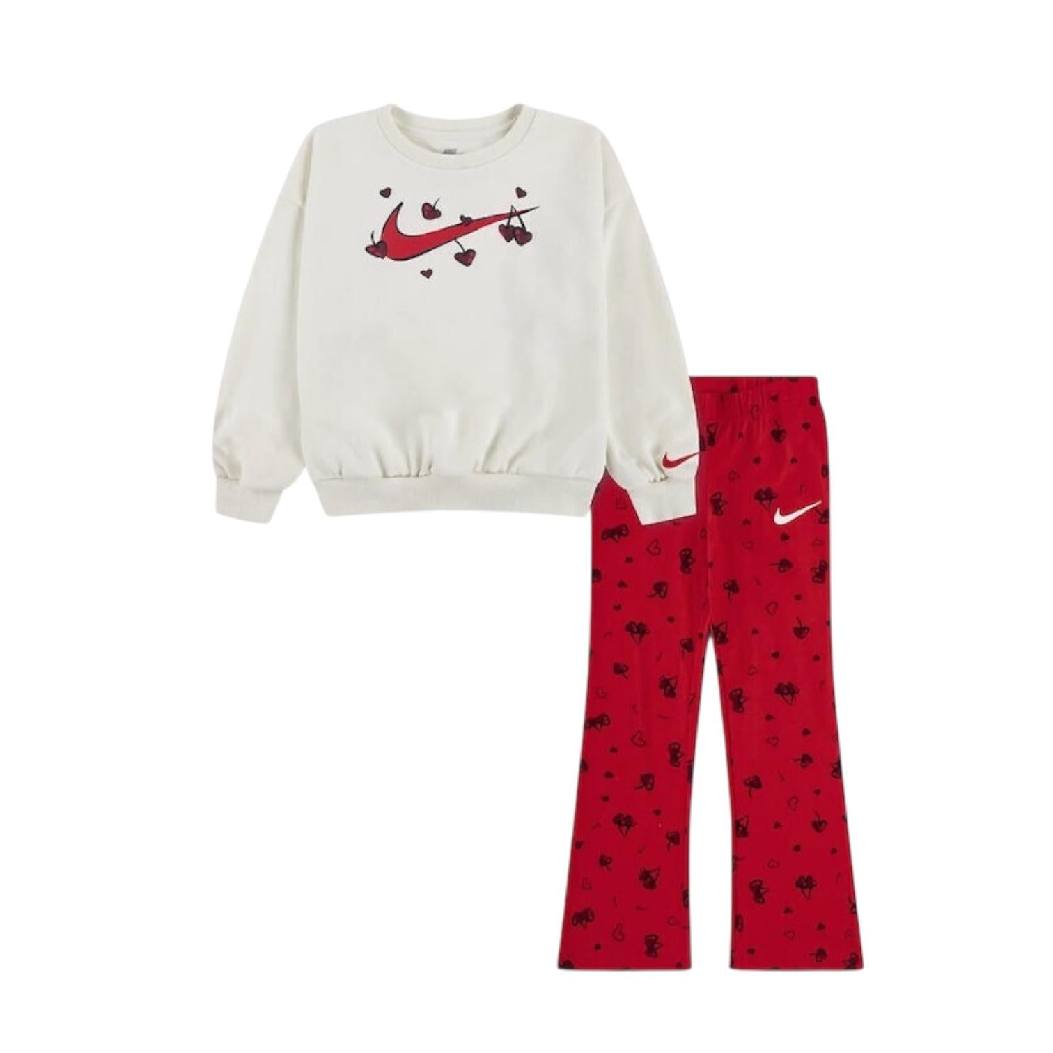 Tuta Sportiva Bambina Nike 36N667-U10 Bianco-Rosso Cotone Garzato pantalone legging felpa girocollo