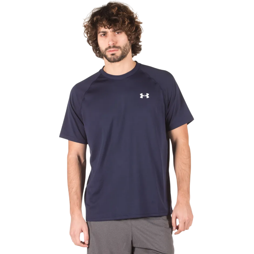 T-shirt tecnica Under Armour Tech blu per uomo, tessuto leggero anti-sudore, frontale