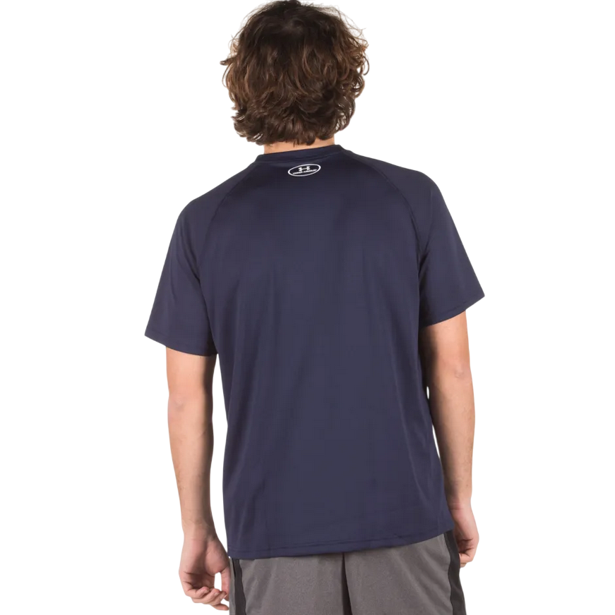 T-shirt tecnica Under Armour Tech blu per uomo, tessuto leggero anti-sudore, posteriore