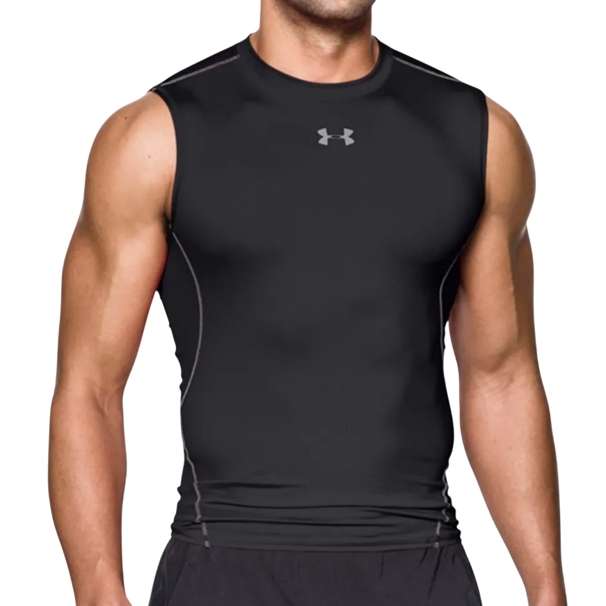 Canotta compression Under Armour nera per uomo, tessuto elasticizzato ad alta compressione per supporto muscolare e performance, frontale